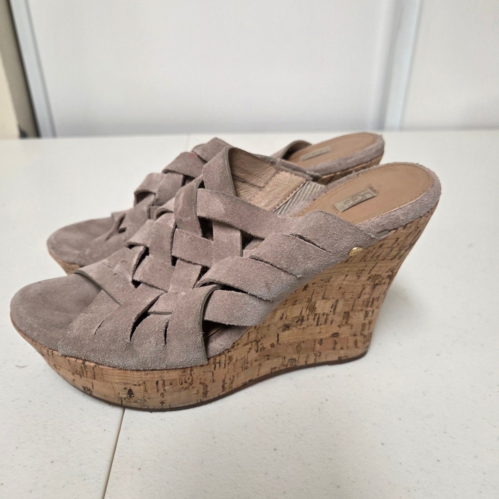 UGG Lucianna Woven Suede Cork Wedge Sandals Taupe Beige BF001 Womens 7